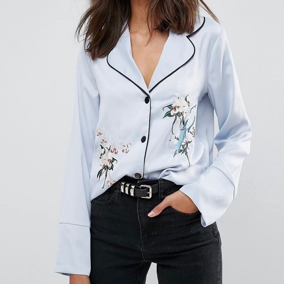 ASOS Tops - ASOS Glamorous Pyjama Shirt With Contrast Piping and Floral Embroidery Size 8